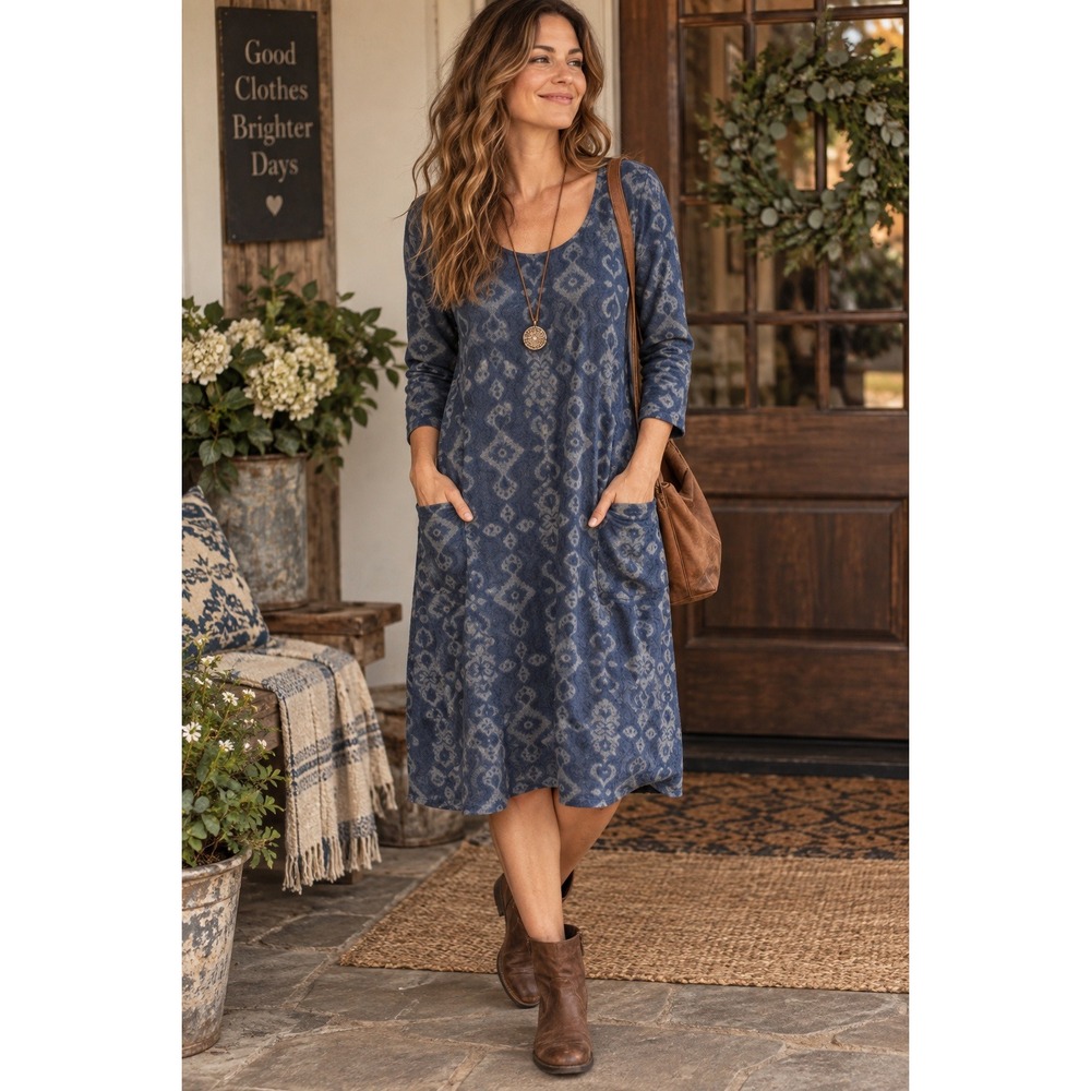 Fresh Produce Women's Dalia Dress Blue Diamond Ikat Print Cotton Slub Pockets L